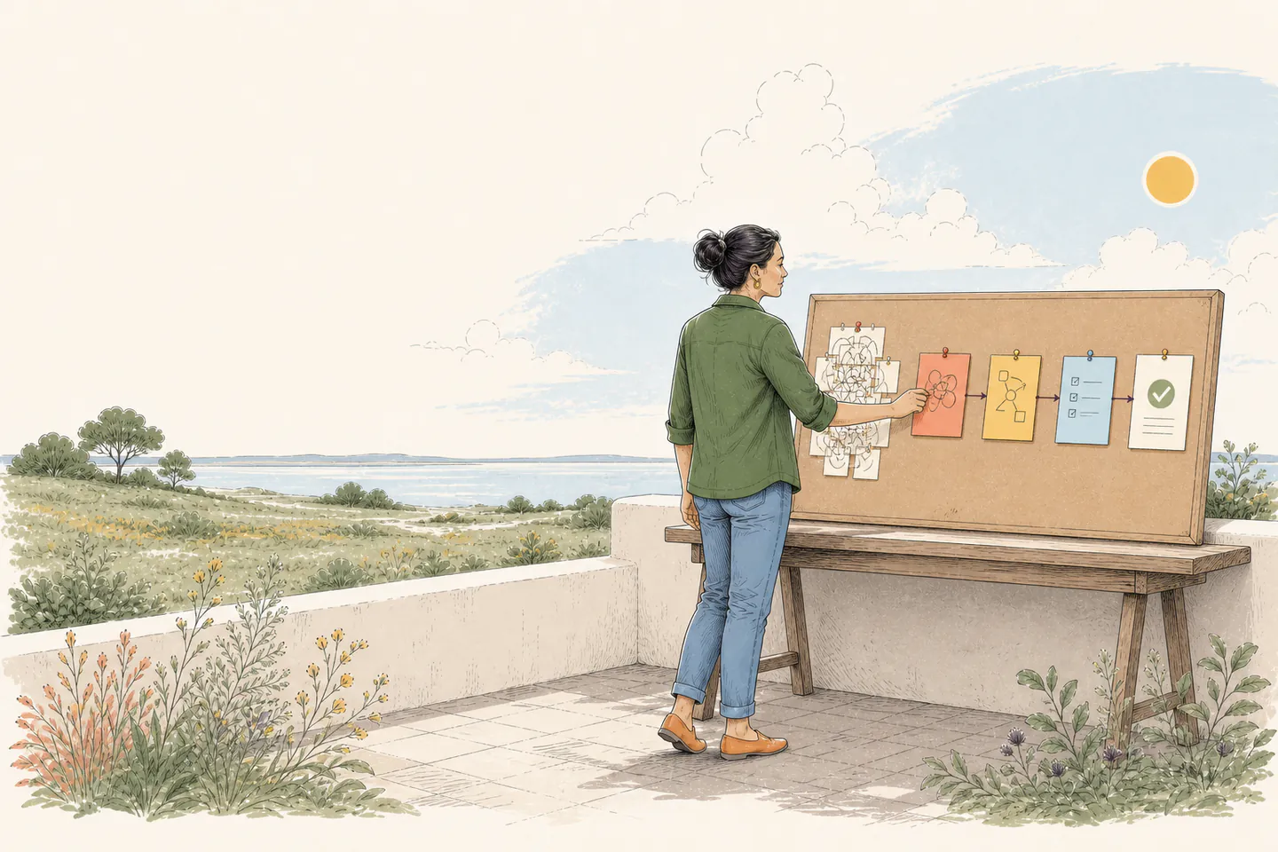 A business owner turns a tangled process into one clear workflow on a terrace overlooking an open landscape.
