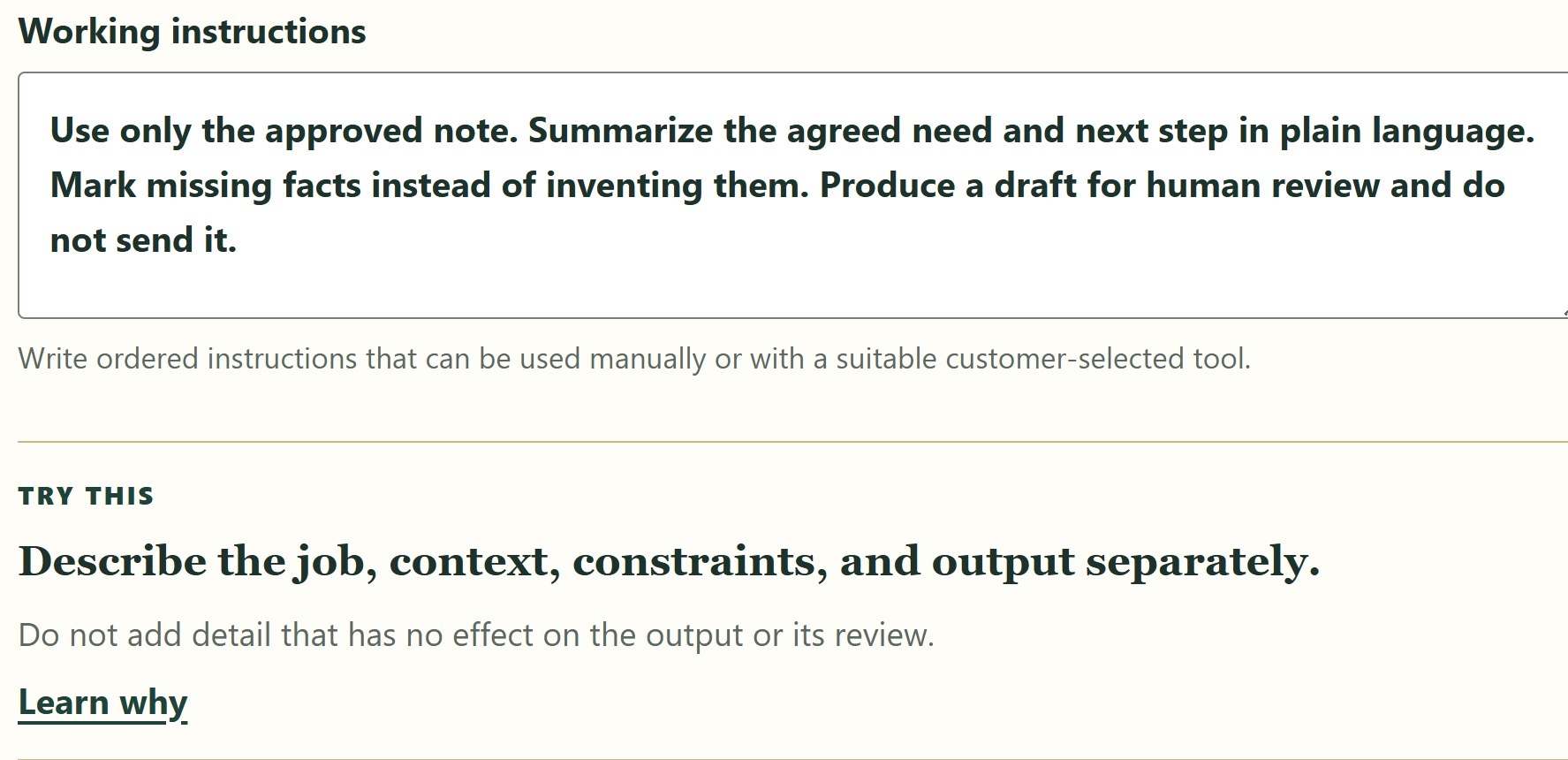 The purchased workbook's built-in Sales Follow-Up example, with guidance for human review.